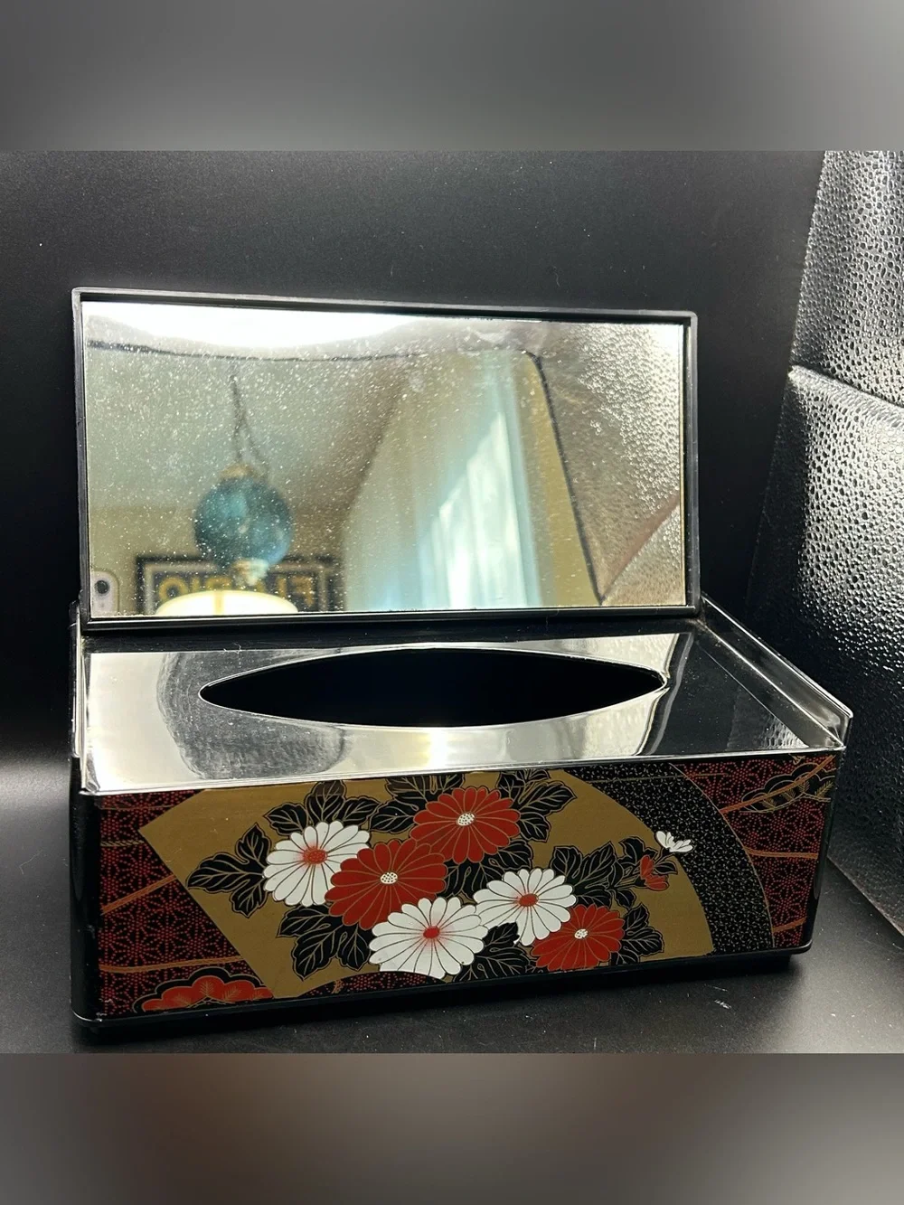Vintage Tissue Box Holder With Flip Up Mirror Floral Design Made In Japan.